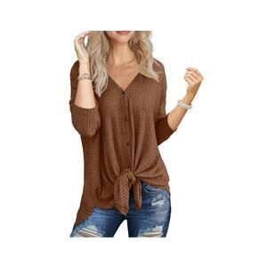 Women's Waffle Knit Tunic Blouse‎ Tie Knot Henley Top Loose Fitting Shirt SM